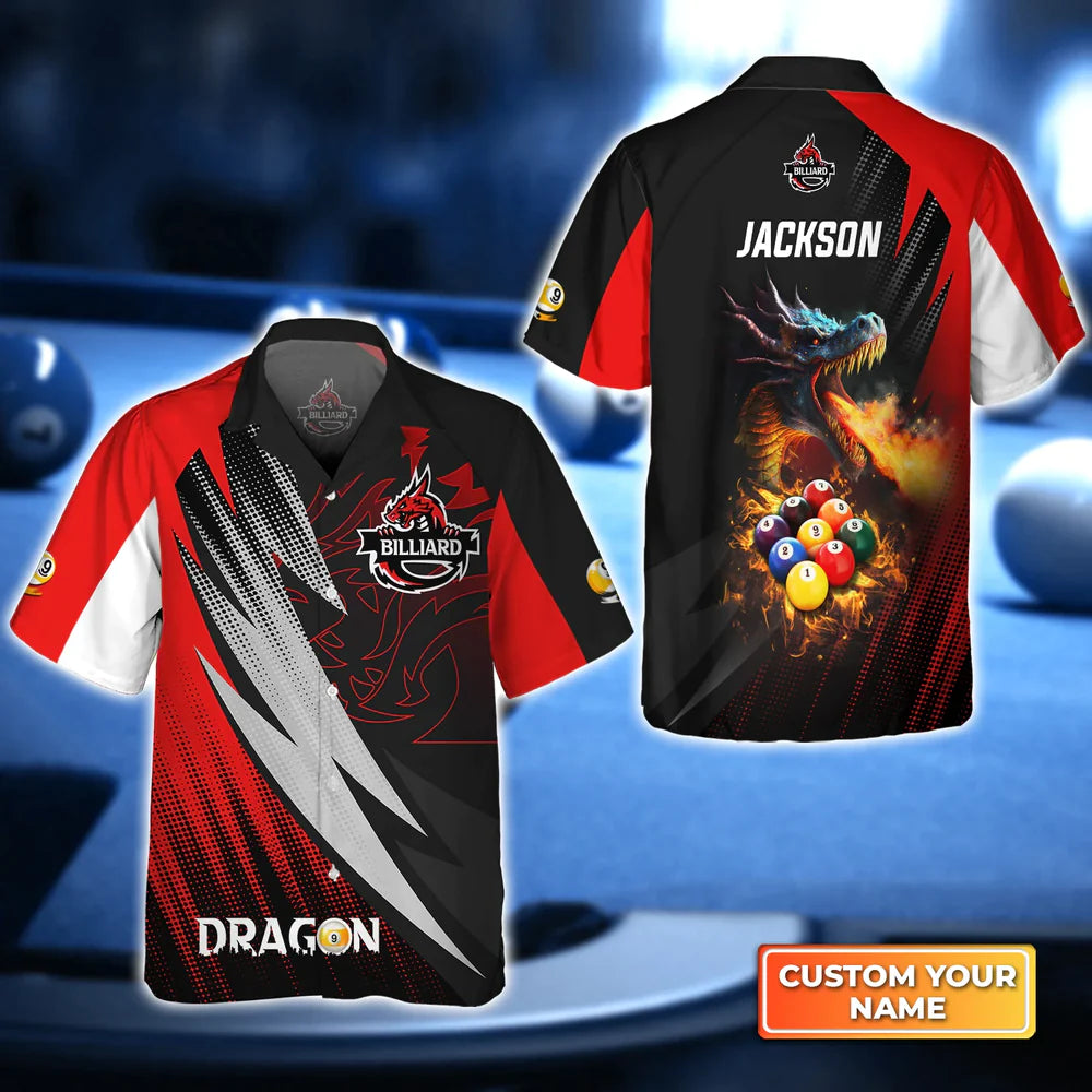 Dragon Team Billiard Pool 9 Ball On Fire 3D Hawaiian Shirt, Billiard Team Shirt, Billiard Shirt For Men And Women