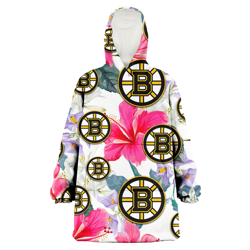 Boston Bruins Pink Hibiscus White Orchid White Background 3D Printed Hoodie Blanket Snug Hoodie