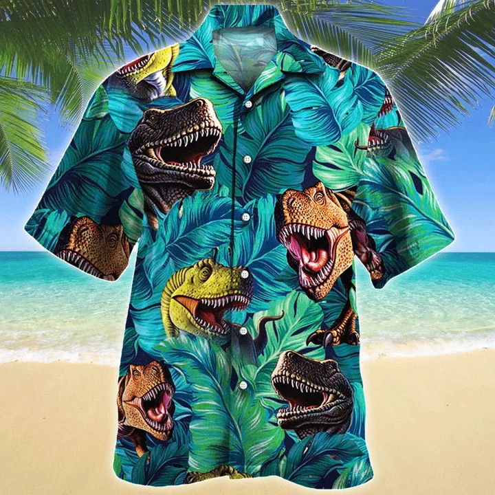 Awesome T-Rex Dinosaur Lovers Gift Summer Beach Palm Tree Pattern Hawaiian Shirt