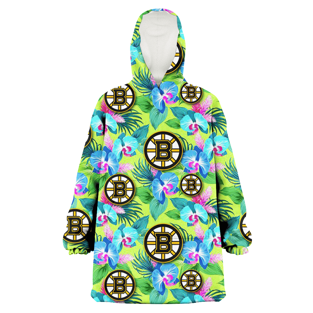 Boston Bruins Blue Orchid Green Pink Leaf Green Background 3D Printed Hoodie Blanket Snug Hoodie