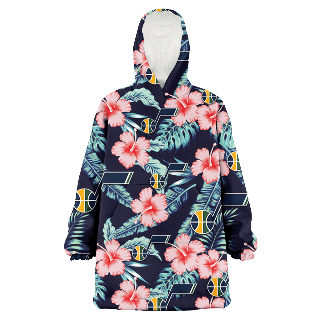 Utah Jazz Coral Hibiscus Green Banana Leaf Black Background 3D Printed Hoodie Blanket Snug Hoodie