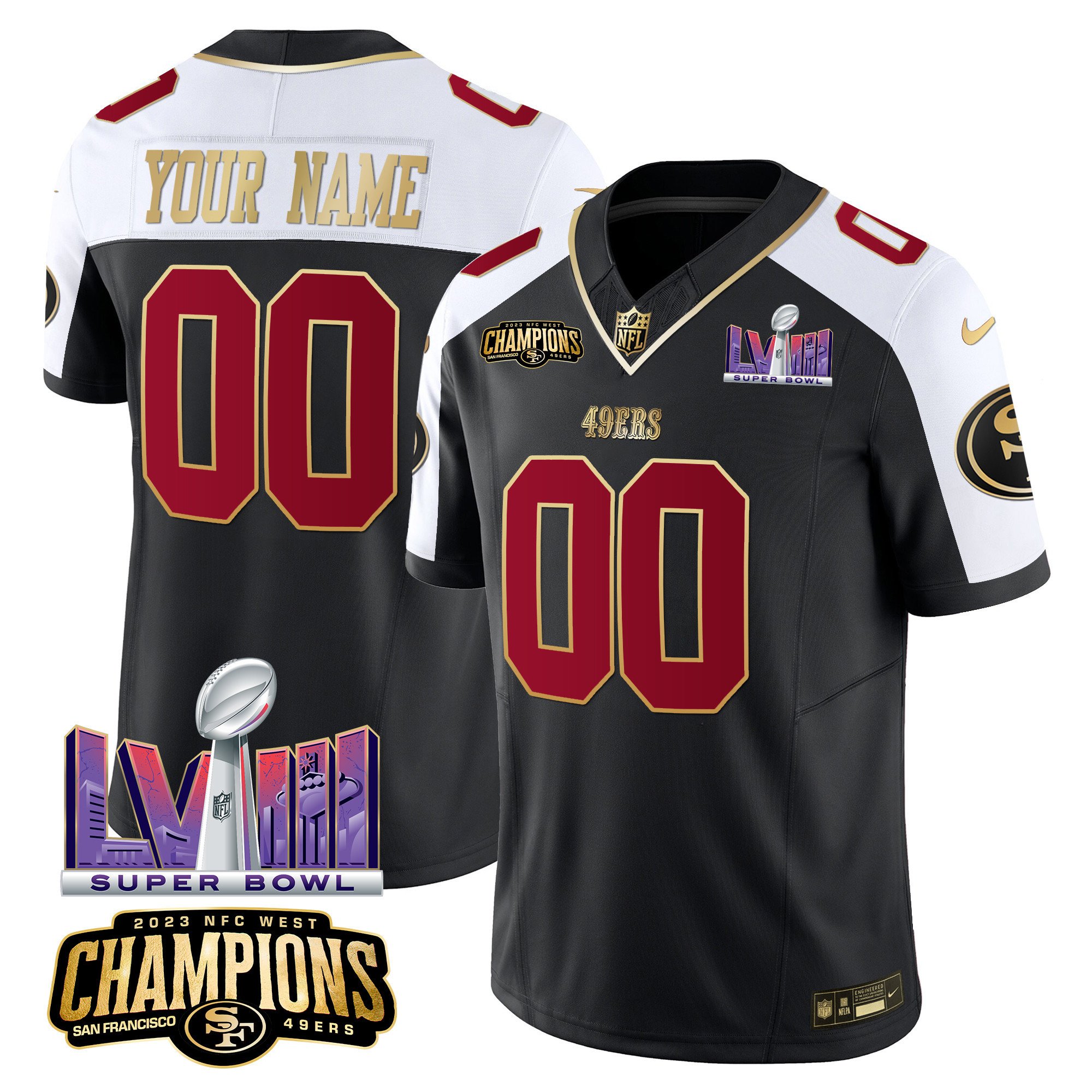 49Ers Nfc West Champions & Super Bowl Lviii Patch Vapor Custom Jersey – All Stitched