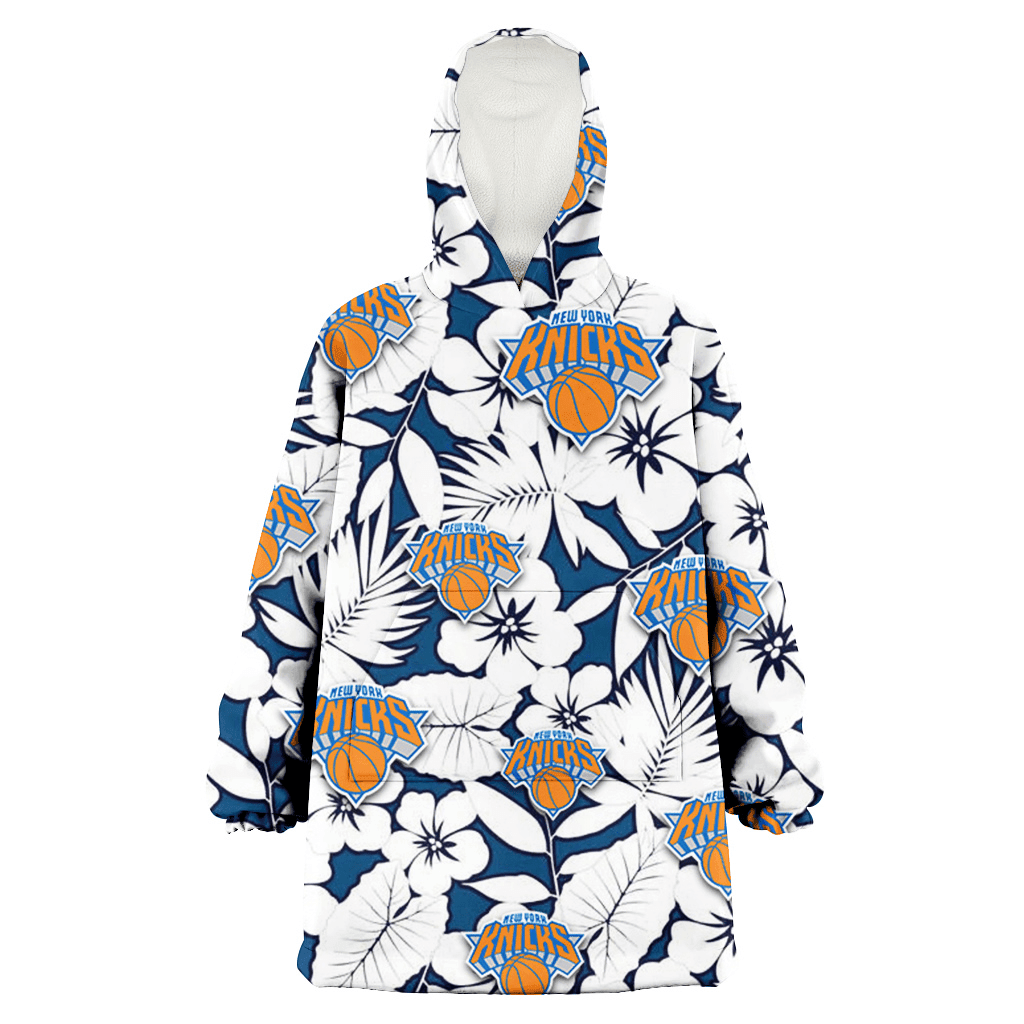 New York Knicks White Hibiscus And Leaves Blue Background 3D Printed Hoodie Blanket Snug Hoodie