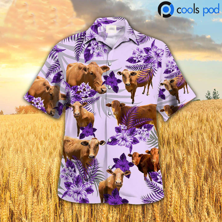 Beefmaster Hibiscus Hawaiian Shirt, Purple Cow Hawaiian Shirts, Farm Hawaii Aloha Shirts