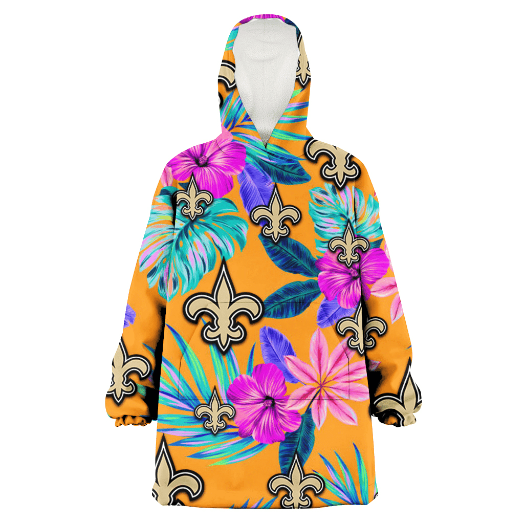 New Orleans Saints Purple Hibiscus Neon Leaf Orange Background 3D Printed Hoodie Blanket Snug Hoodie