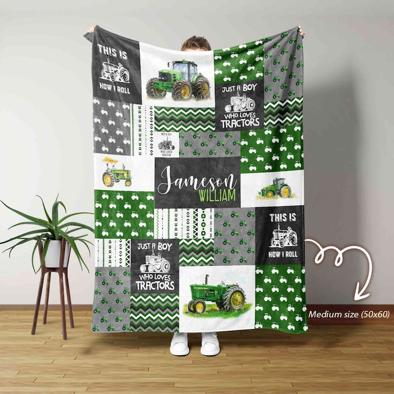 Just A Boy Who Loves Tractors Blanket, Custom Baby Blanket, Truck Blanket, Blanket For Baby, Gift Blanket For Boys, Blanket For Christmas From TeeCowBoy x PeckShirt