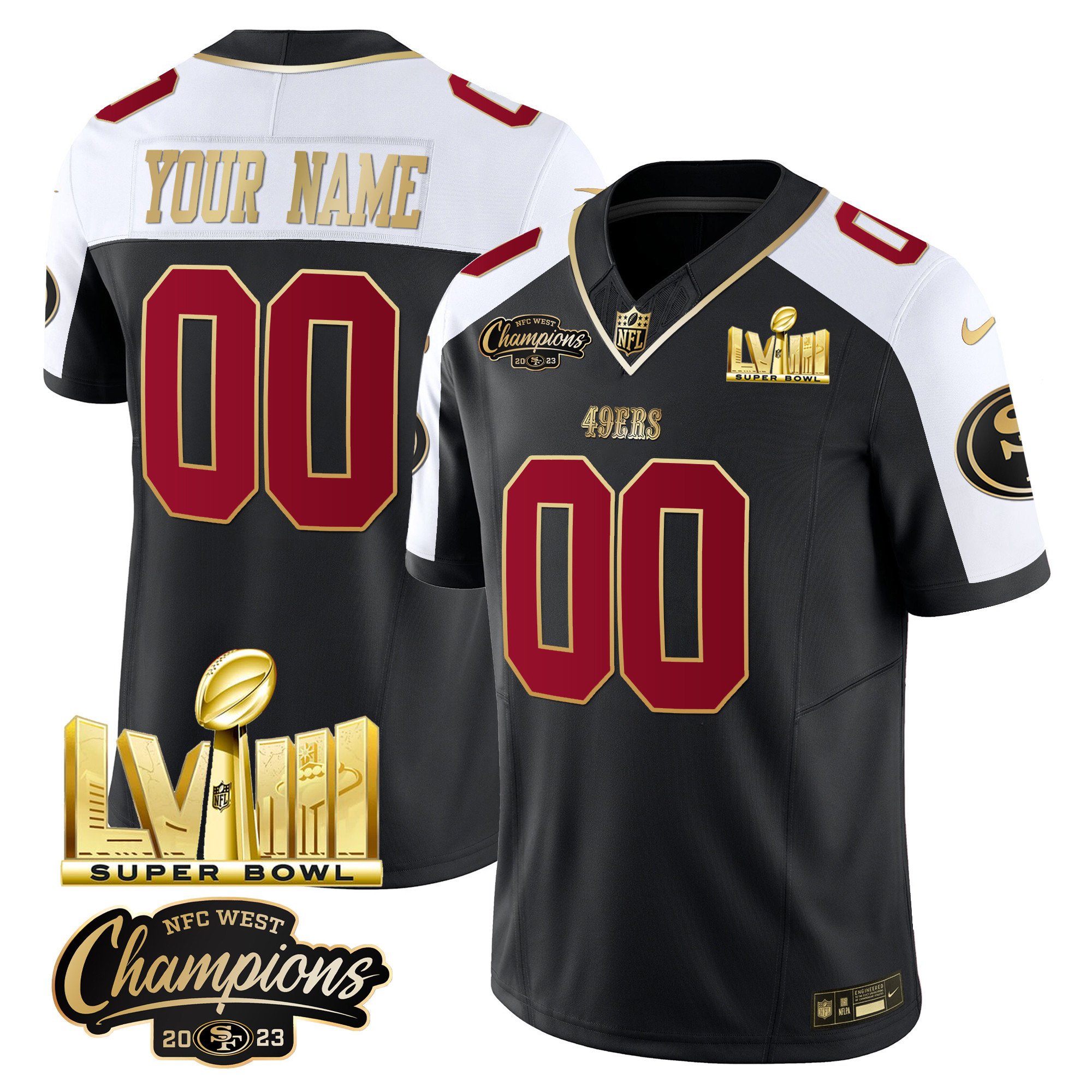 49Ers Nfc West Champions & Super Bowl Lviii Gold Patch Vapor Custom Jersey V2 – All Stitched