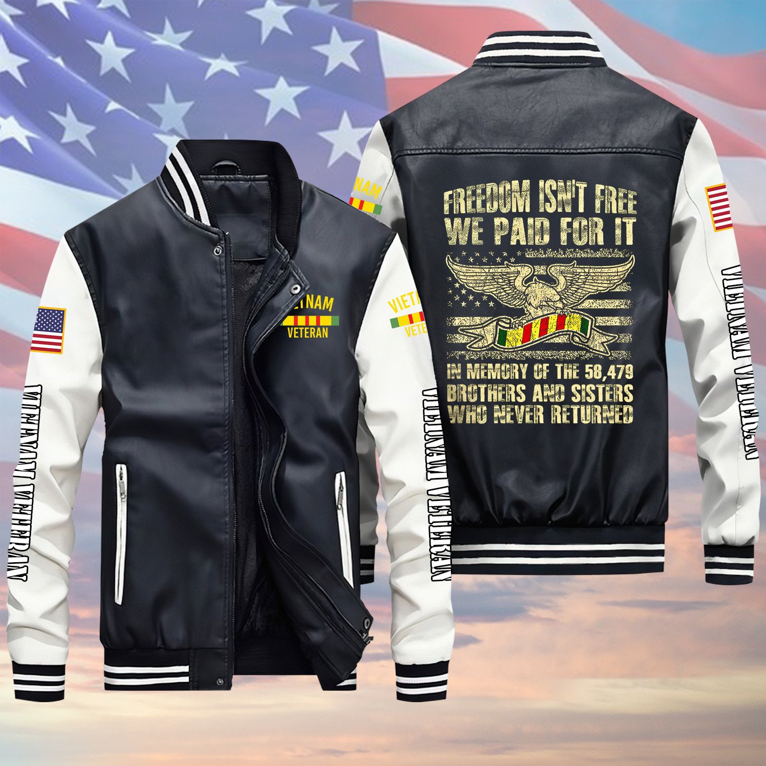 Freedom Isn’t Free We Paid For It Vietnam Veteran Black Winter Gear Leather Bomber Leterman Varsity Jacket