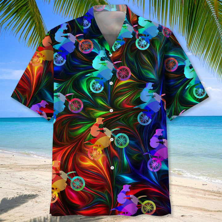 Motocross Color Hawaiian Shirt, Short Sleeve Summer Vacation Beach Shirts For Men