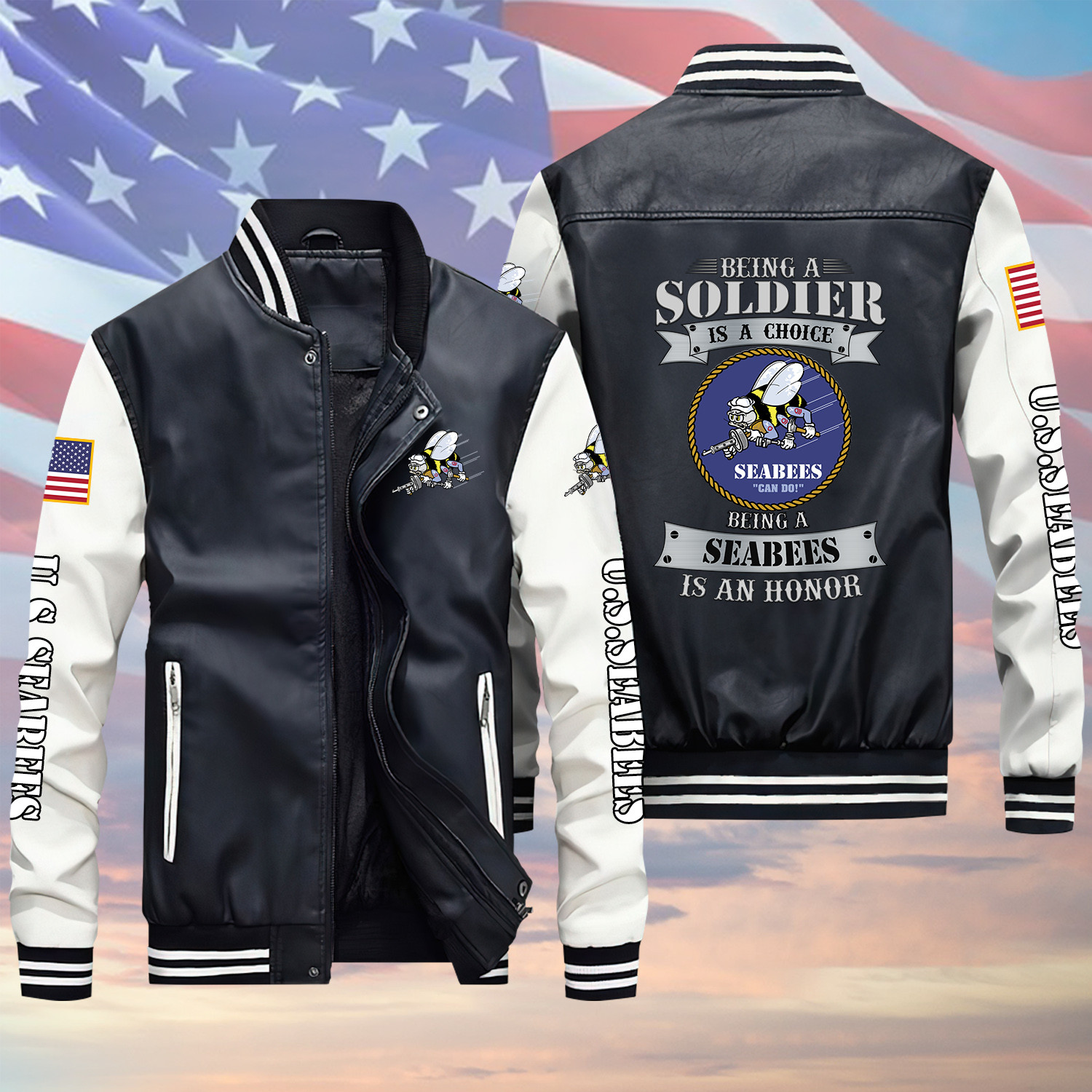 Being An US Seabees Veran Is An Honor Black Winter Gear Leather Bomber Leterman Varsity Jacket