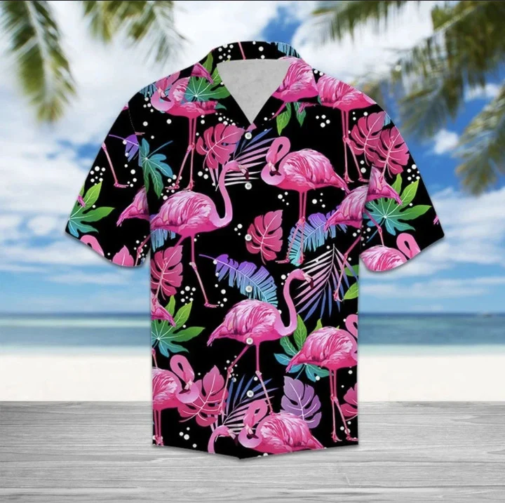 Flamingo Hawaiian Shirts For Men, Pink Palm And Flamingo Ornamental Hawaiian Shirt