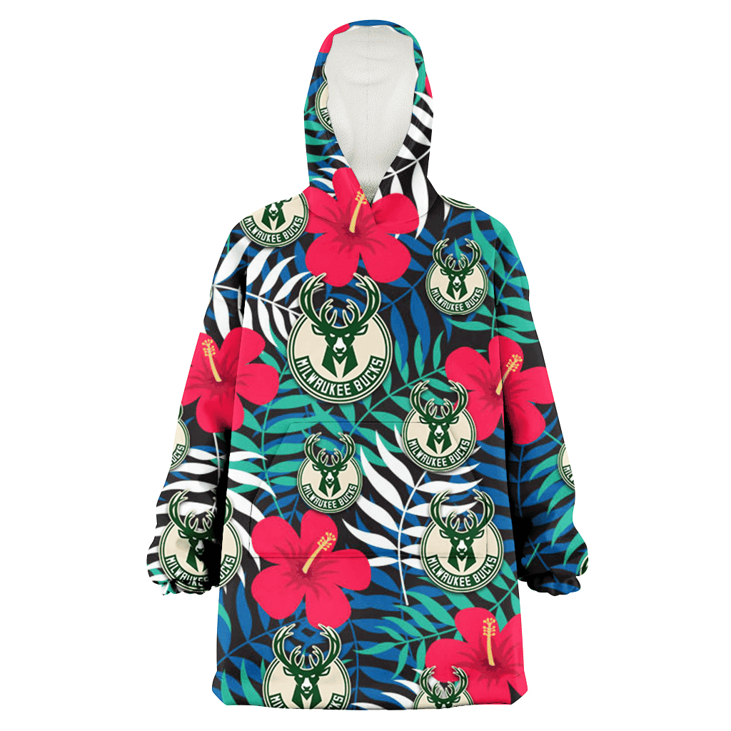 Milwaukee Bucks Red Hibiscus Green Blue White Leaf Black Background 3D Printed Hoodie Blanket Snug Hoodie