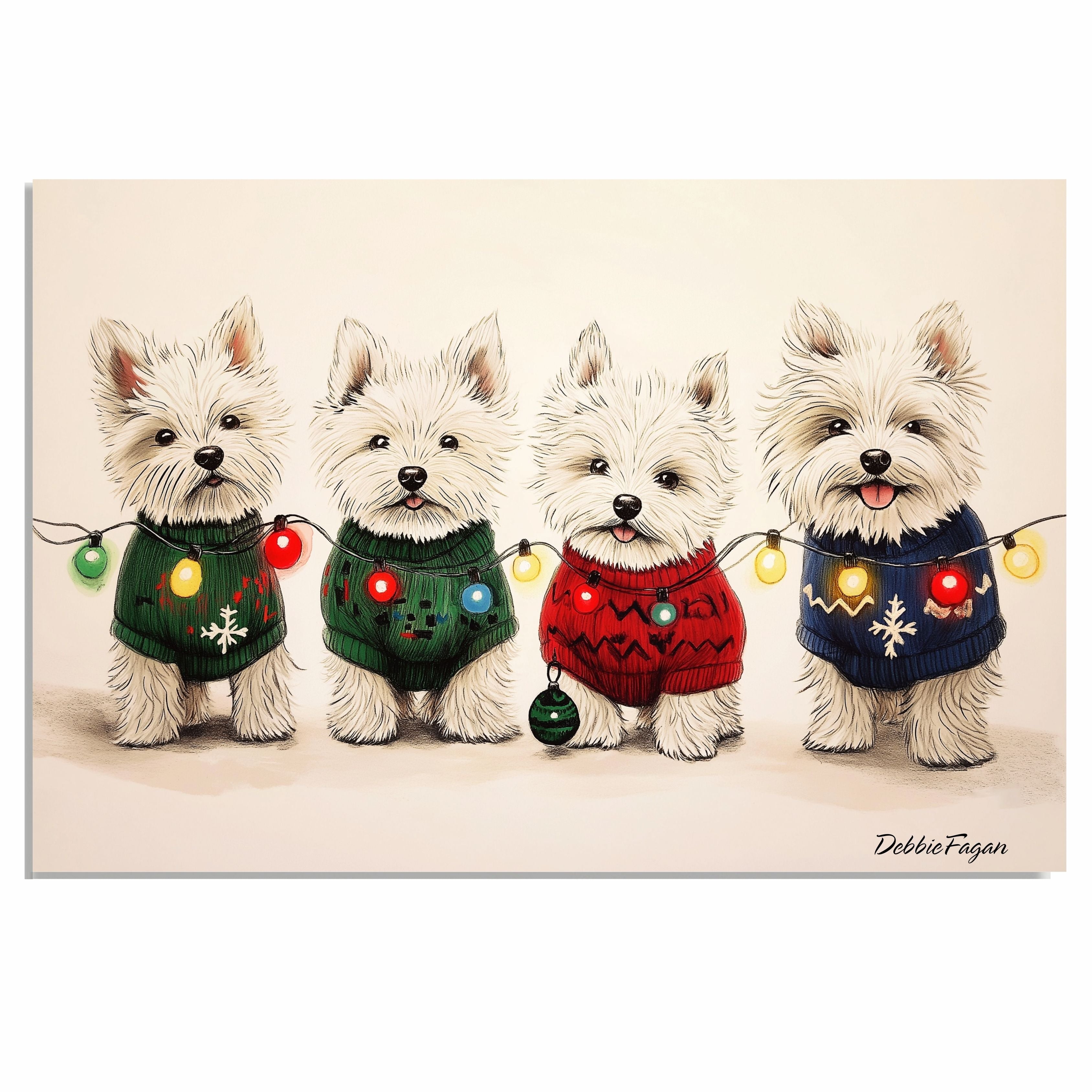 Noel, Xmas x Snorider Dog Christmas Canvas  - "Winter Wonder Westies" - West Highland Terriers in Festive Sweaters & Christmas Lights on Ready to Hang 1.5" Thick Canvas Wrap, Floating Framed Canvas, Flat Rolled Canvas