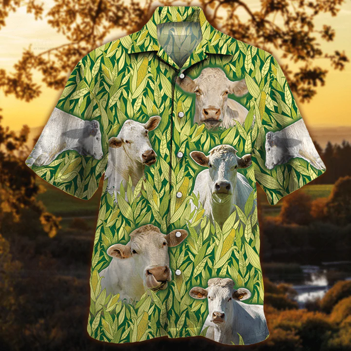 Charolais Cattle Hawaiian Shirt, Vintage Farm Hawaiian Shirts For Men, Animals Button Down Mens Hawaiian Shirts