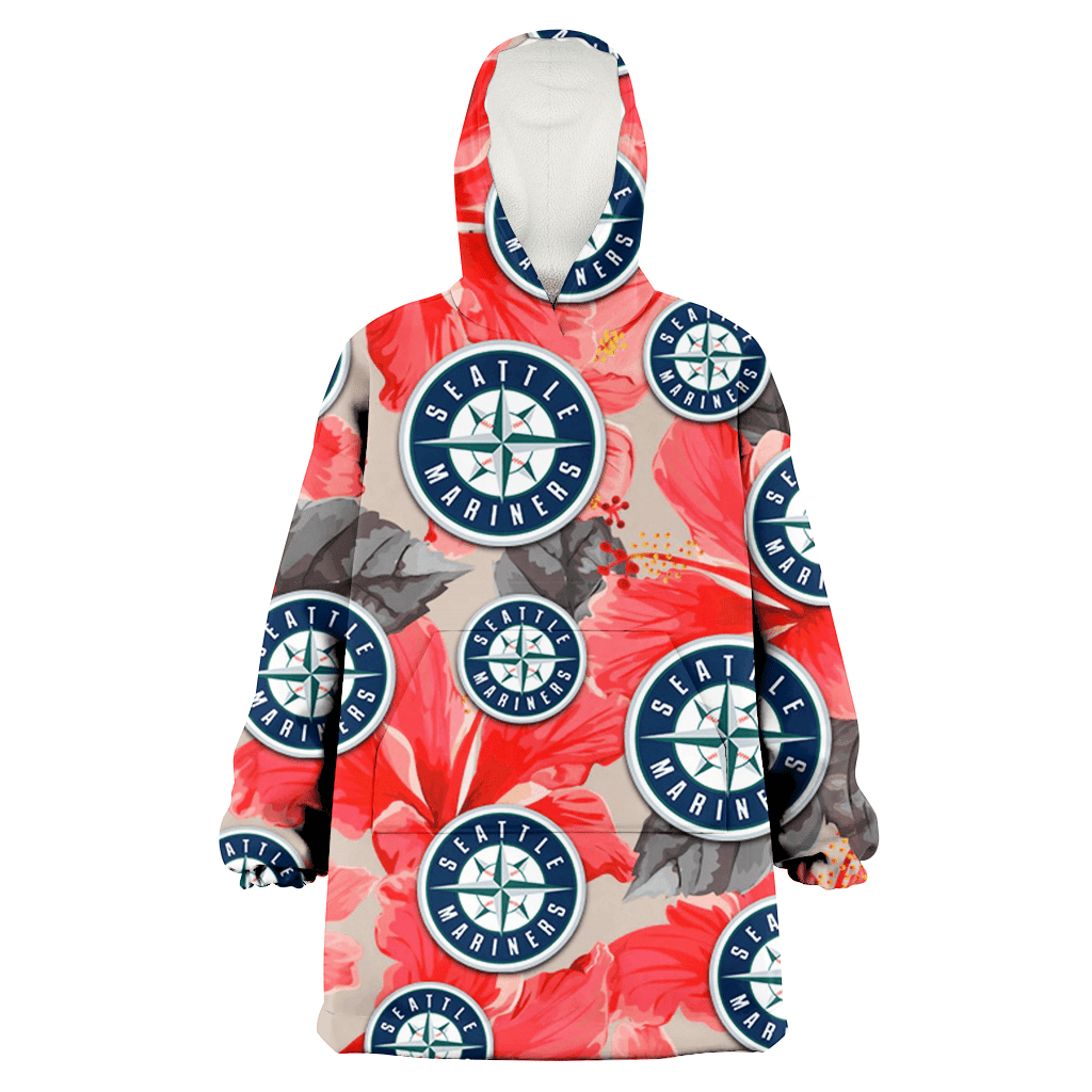 Seattle Mariners Red Hibiscus Gray Leaf Beige Background 3D Printed Hoodie Blanket Snug Hoodie