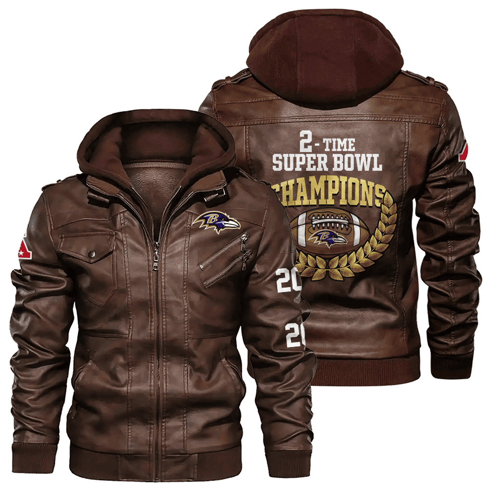 Baltimore Ravens NFL  Time Super Bowl Champions City Design Zip Brown Leather Jacket With Hood