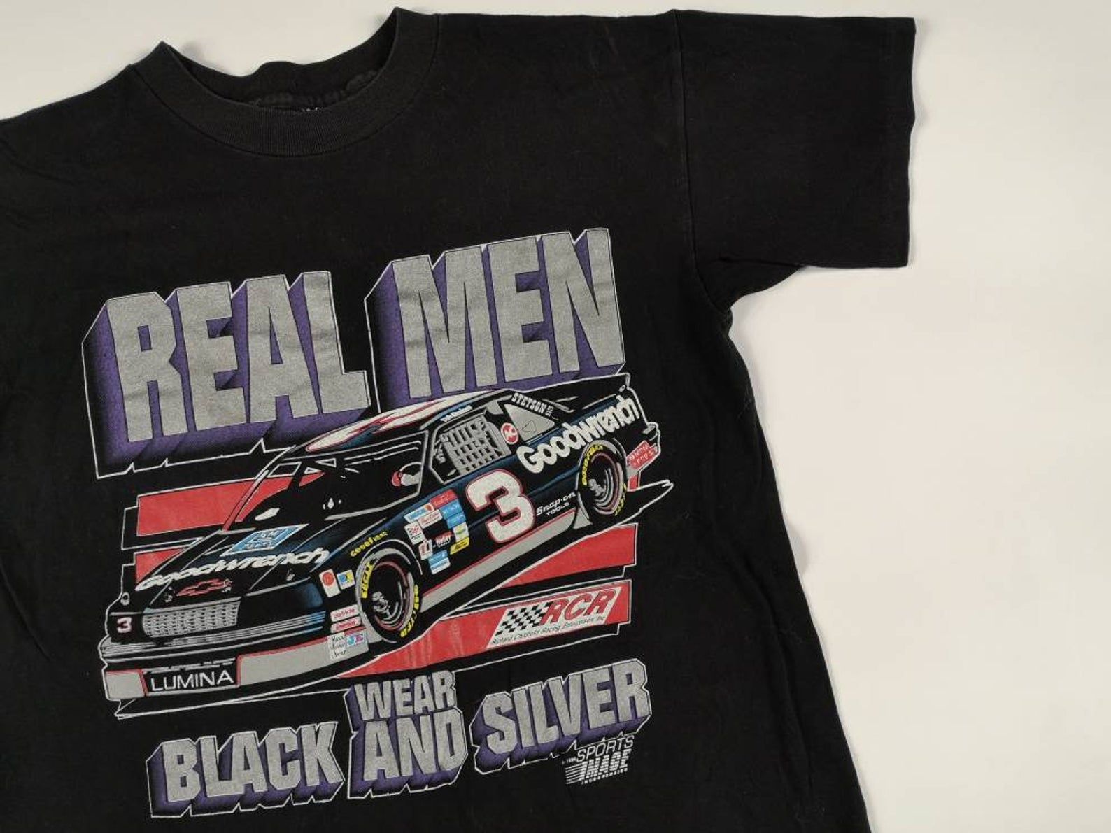 Vintage 1994 Dale Earnhardt Real Wear Black And Silver 3 Double Sided Nascar T-Shirt Made In Usa