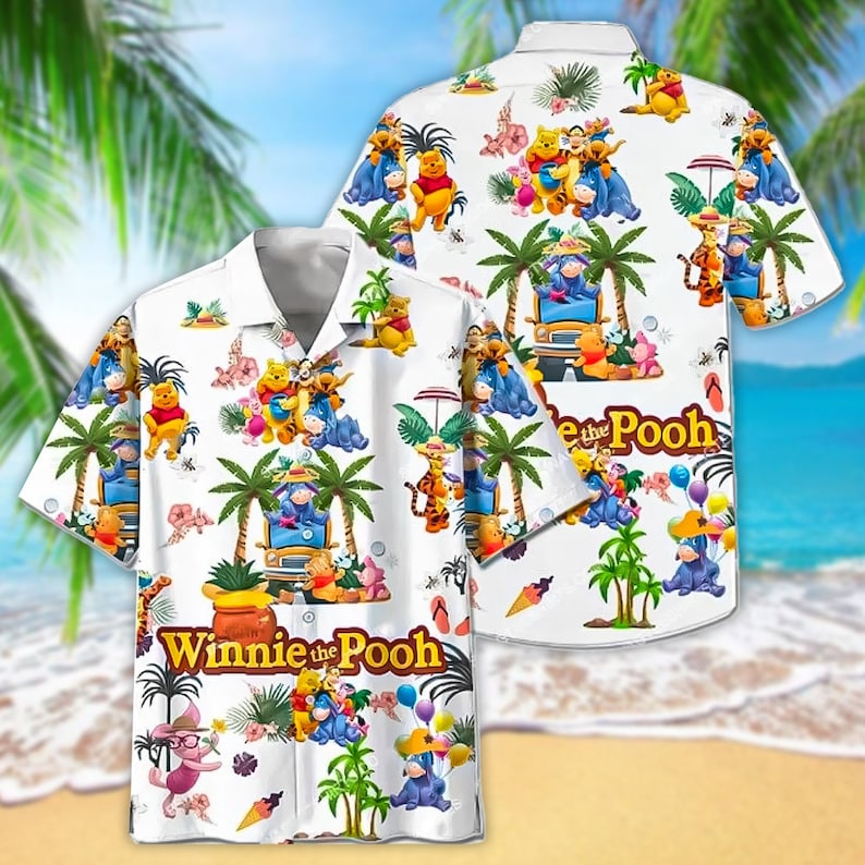 Bear And Friends Cartoon Button Up 3D Hawaiian Shirts, Jungle Flowers Hawaiian Shirts, Tropical Vibe Summer Shirt, Short Sleeve Beach Shirt