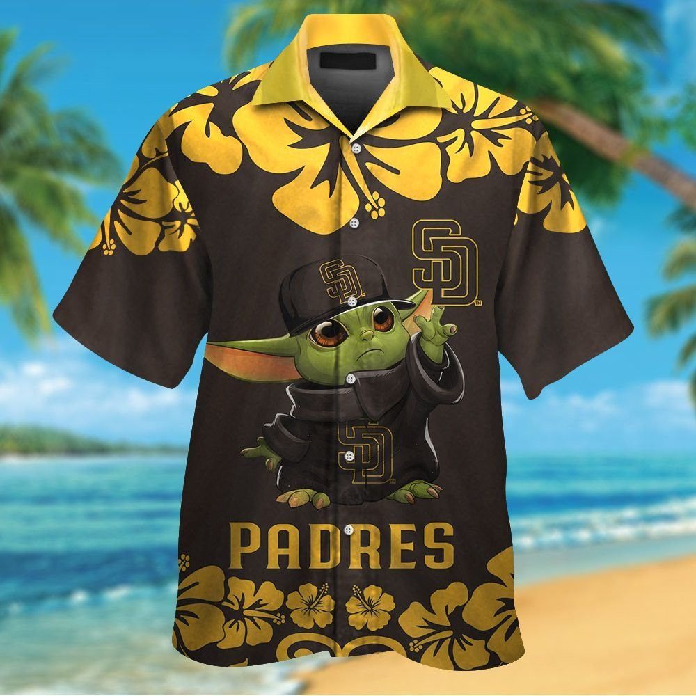 San Diego Padres Baby Yoda Short Sleeve Button Up Tropical Hawaiian Shirt