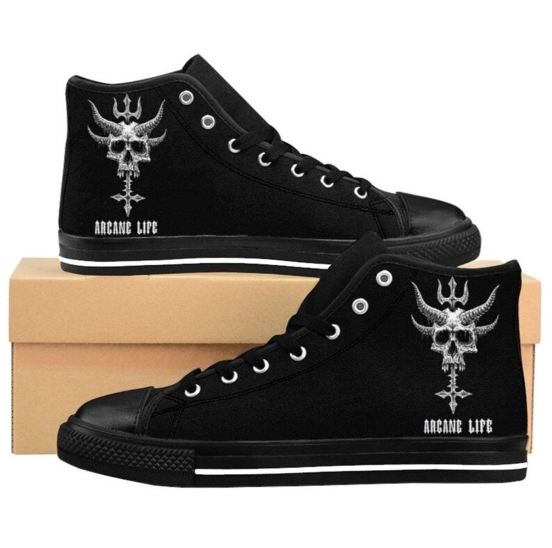 Skull Horn Inverted Cross Arcane Life High Top Sneakers-Women'S Skull High Tops-Women'S Satanic Skull High Tops-Women'S Gothic Shoes Limited Edition Moderndaydecors Fashion