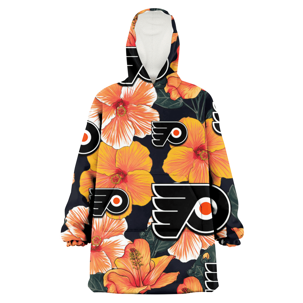 Philadelphia Flyers Orange Hibiscus Dark Green Leaf Black Background 3D Printed Hoodie Blanket Snug Hoodie