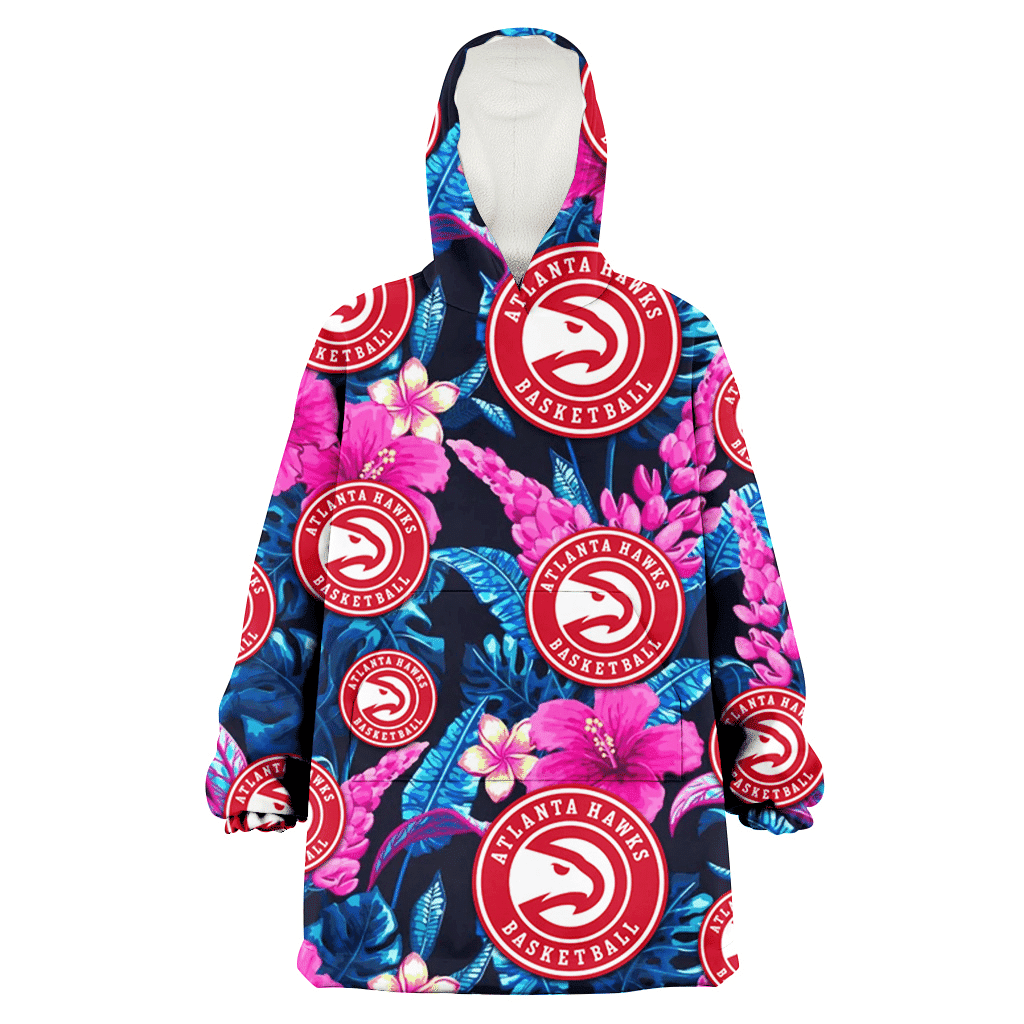 Atlanta Hawks Violet Red Hibiscus Blue Leaf Black Background 3D Printed Hoodie Blanket Snug Hoodie