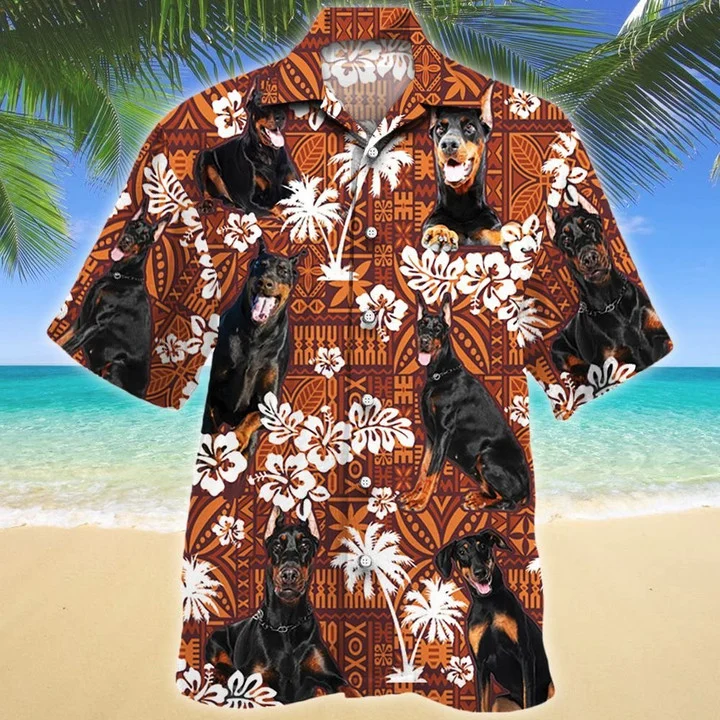 Doberman Pinscher Cute Face Dog Lovers Red Tribal Hawaiian Shirt, Short Sleeve Hawaiian Aloha Shirt For Men And Women