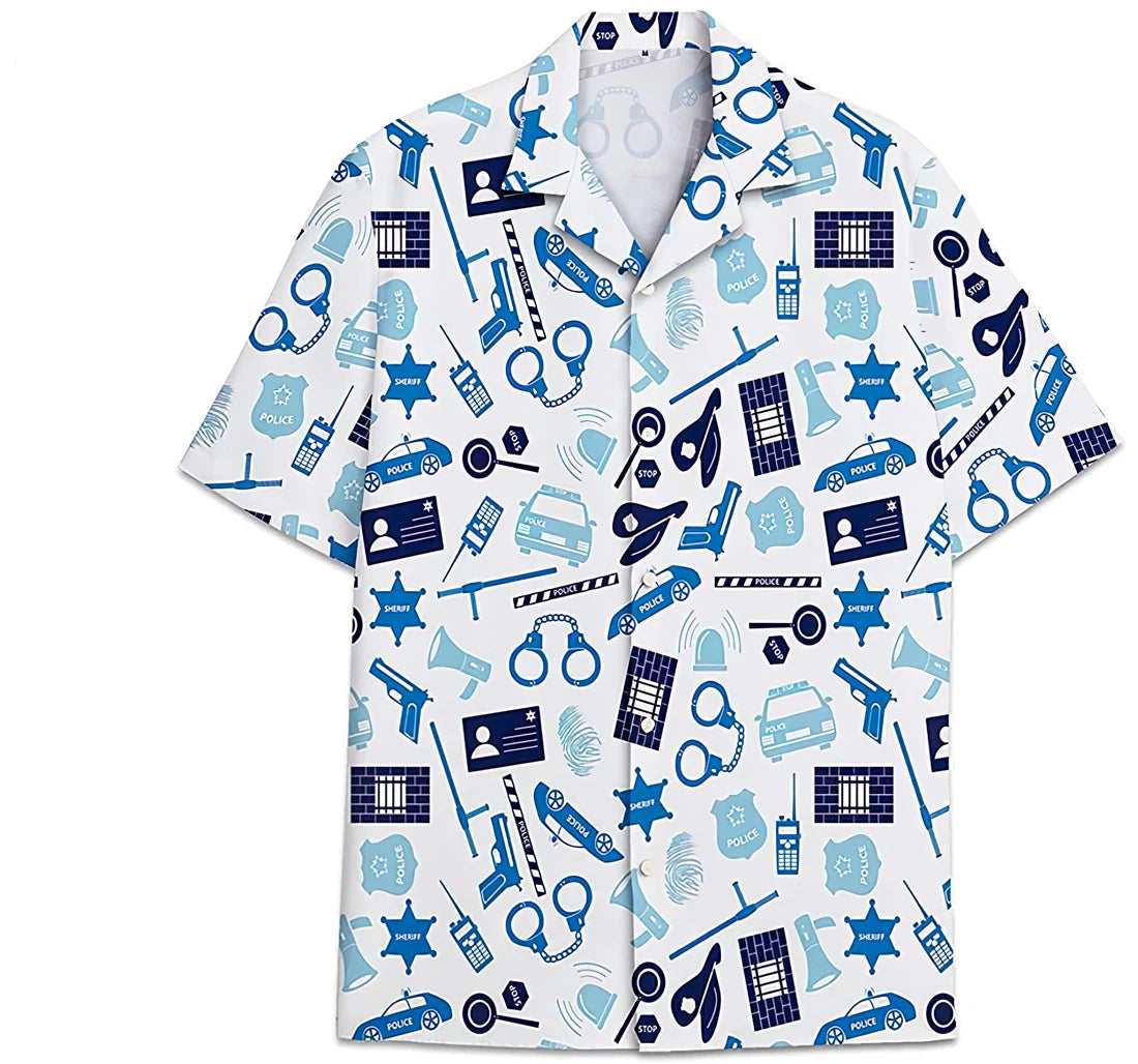 Police Pattern Short Tall Womensmall Hawaiian Shirt, Button Up Aloha Shirt For Men, Women