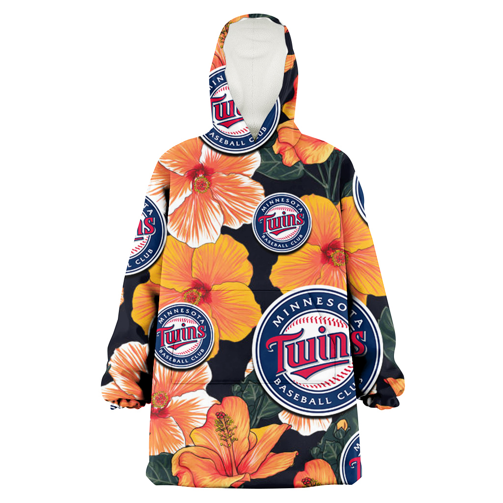 Minnesota Twins Orange Hibiscus Dark Green Leaf Black Background 3D Printed Hoodie Blanket Snug Hoodie