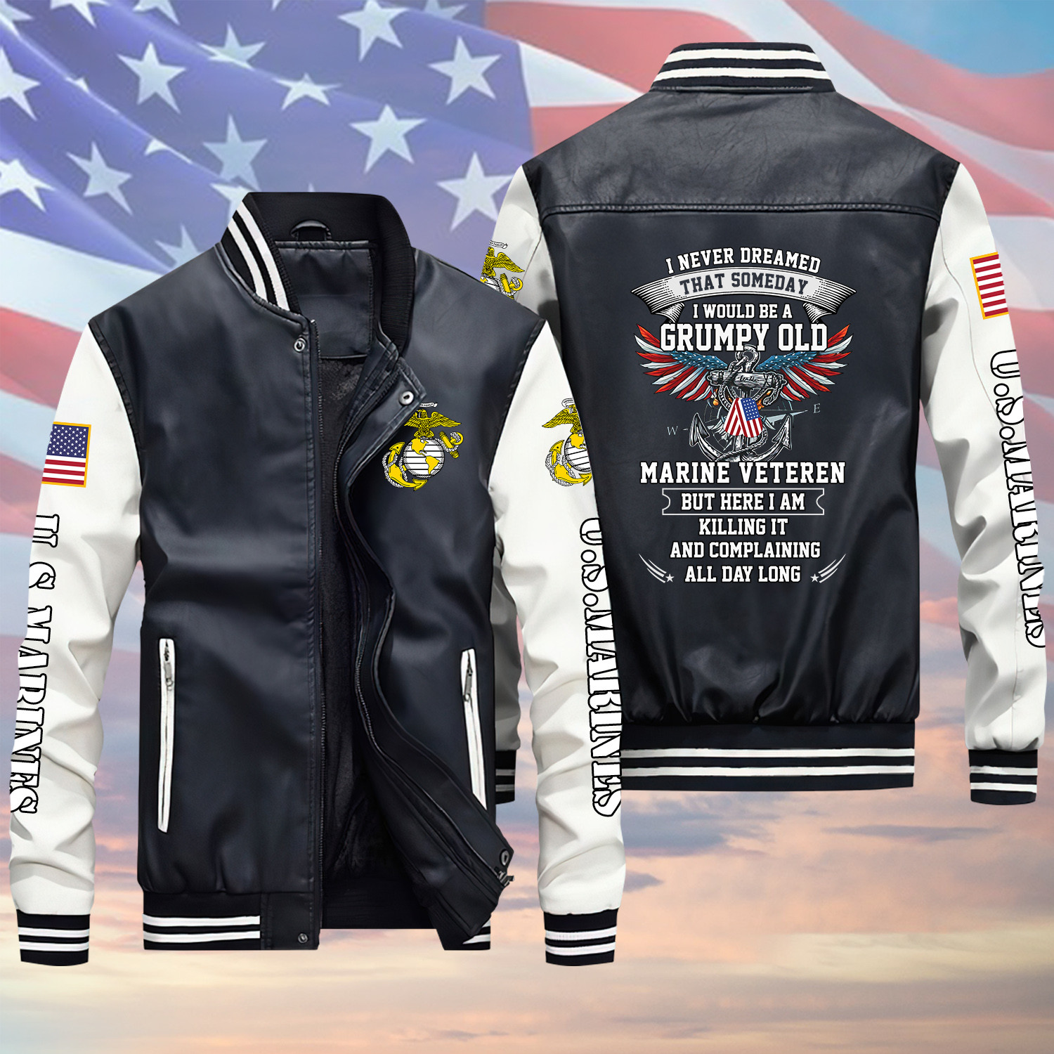 Never Dreamed I Would Be A Grumpy Old Marine Veteran Black Winter Gear Leather Bomber Leterman Varsity Jacket