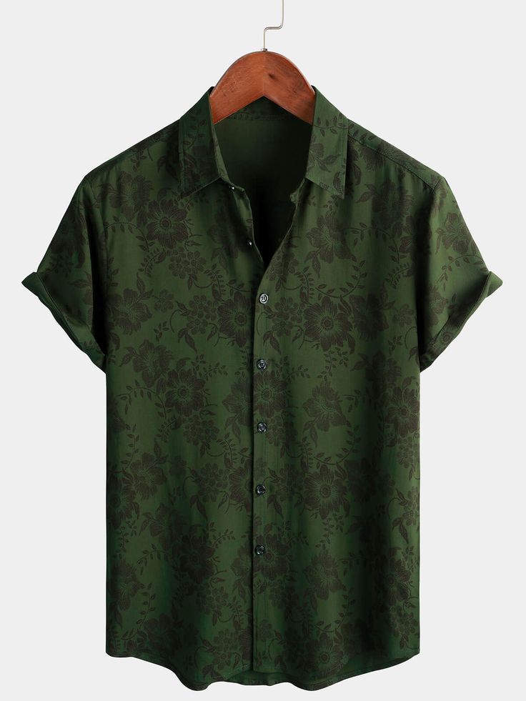 Mens Floral Dark Green Hawaiian Vint …