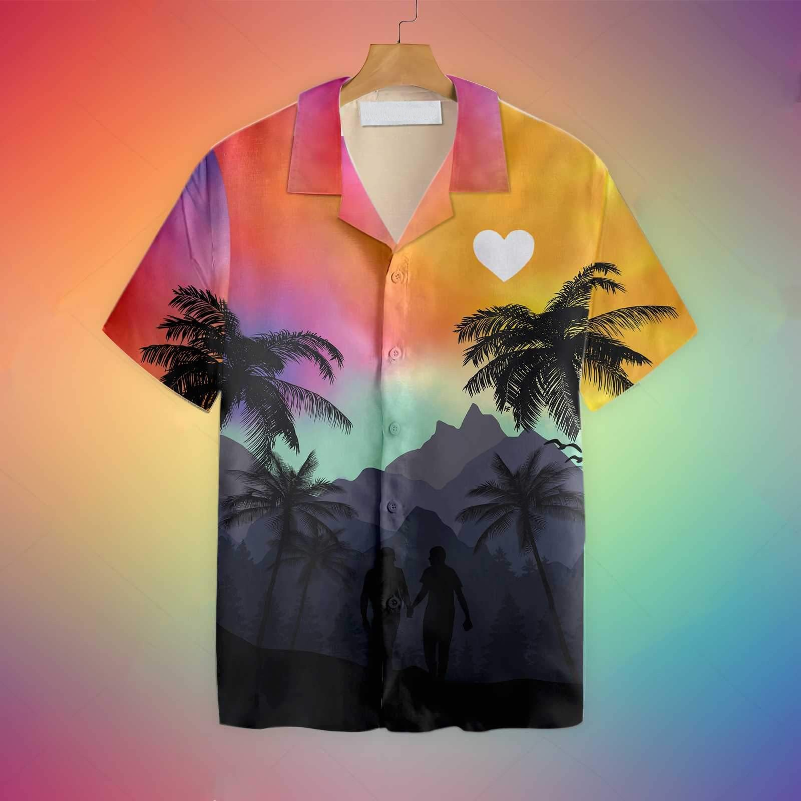 Gay Pride 3D Hawaiian Shirt, Cool Lgbt Sunset With Heart Hawaiian Shirt