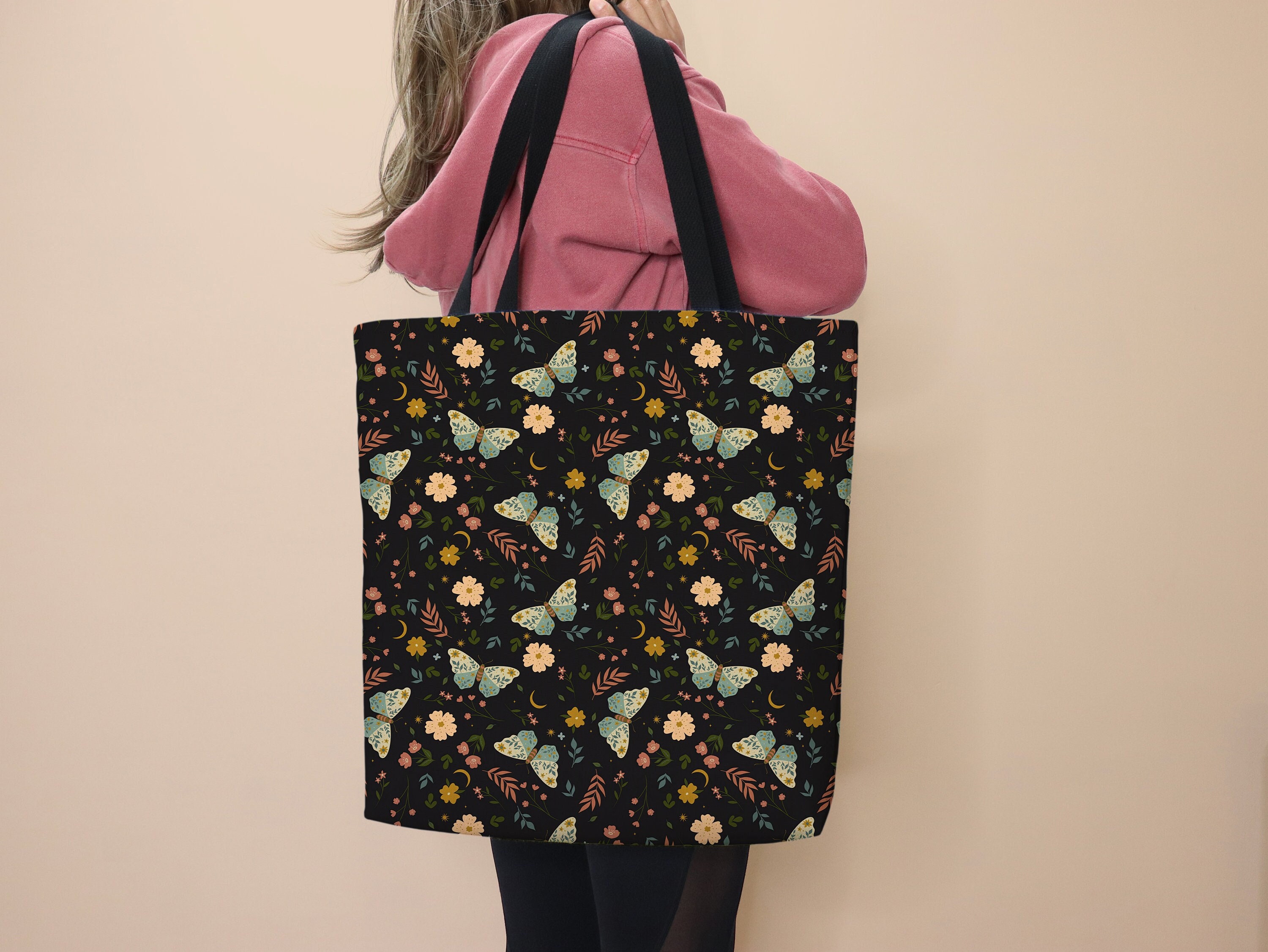 Butterfly Tote Bag Butterflies Bag School Tote Butterfly Gift for Her Cute Bag Bug Moon Dark Night Tote Grocery Bag Black Night Work Tote