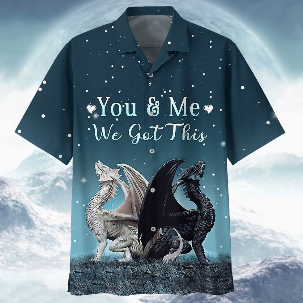 Dragon 3D Full Print Hawaiian Shirts, Dragon We Got This, Black And White Dragon Hawaiian Shirt