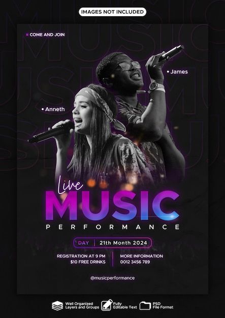 Premium PSD | Live Music Concert Poster Design Template PSD File with Fully Editable Image and Text