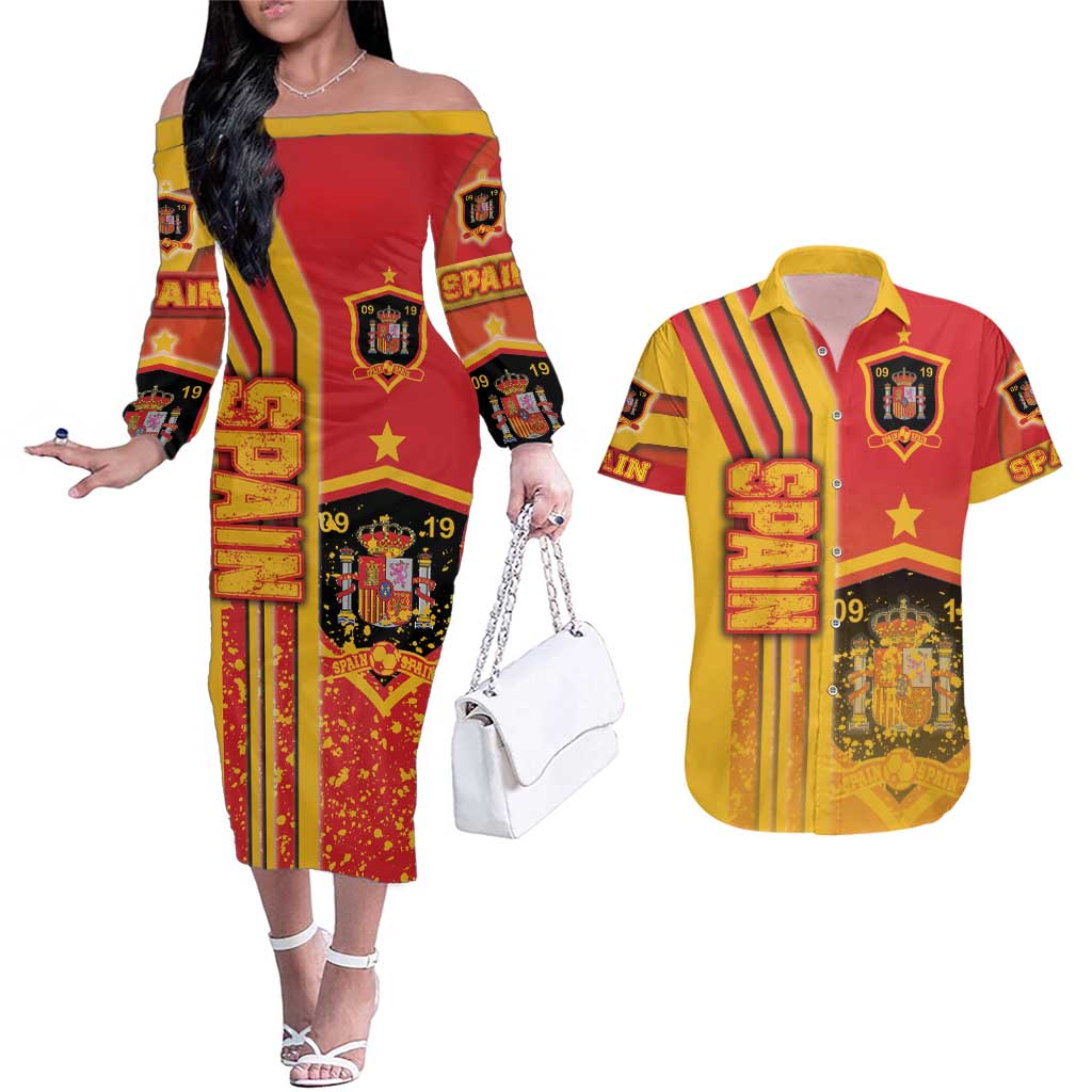 Teevintage - Comfortable Long Sleeve - Spain Football Couples Matching Off The Shoulder Long Sleeve Dress And Hawaiian Shirt La Roja Soccer - Road To Champion Dt03