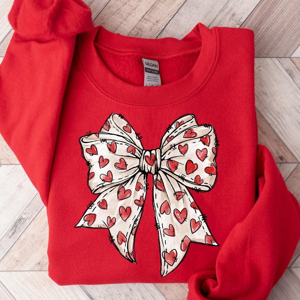 Coquette Valentine'S Day Heart Bow Sweatshirt, Retro Valentine Shirt, Valentines Day Bow Shirt, Coquette Bow T Shirt, Bow Valentine Gifts Tshirttrend Prowallart