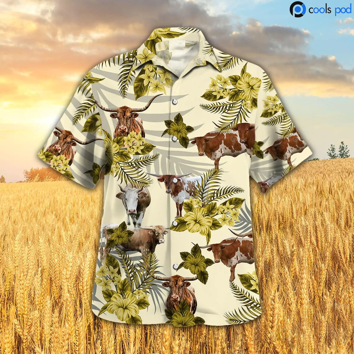 Texas Longhorn Hibiscus Hawaiian Shirt, Yellow Cow Hawaiian Shirt, Farm Hawaiian Shirt Men Women