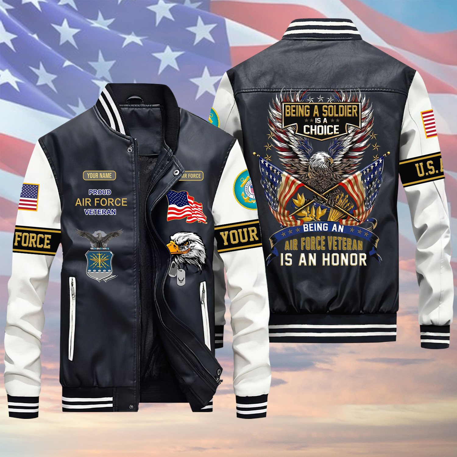 USAF Being A Soldier Is A Choice US Air Force Veteran Green Winter Gear Leather Bomber Leterman Varsity Jacket