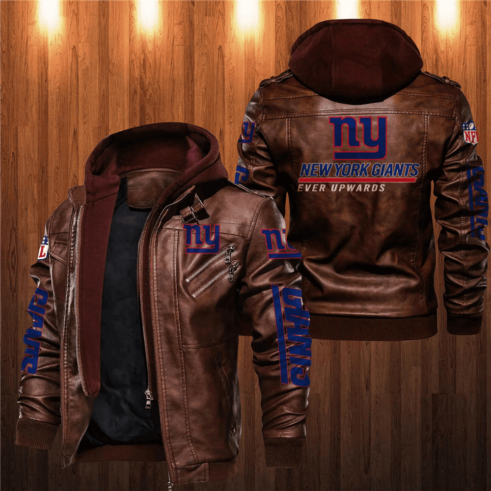 New York Giants Zip Leather Jacket With Hood