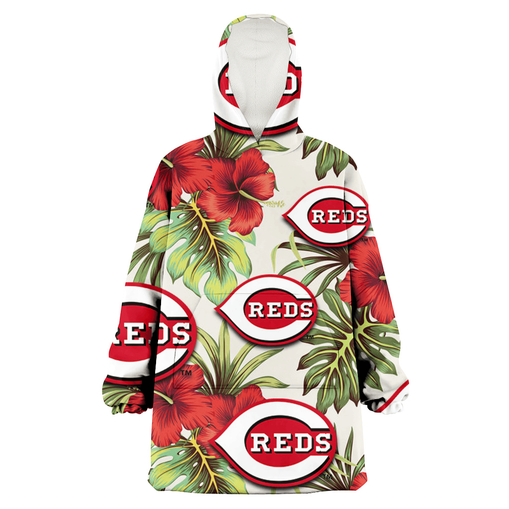 Cincinnati Reds Red Hibiscus Green Tropical Leaf Cream Background 3D Printed Hoodie Blanket Snug Hoodie