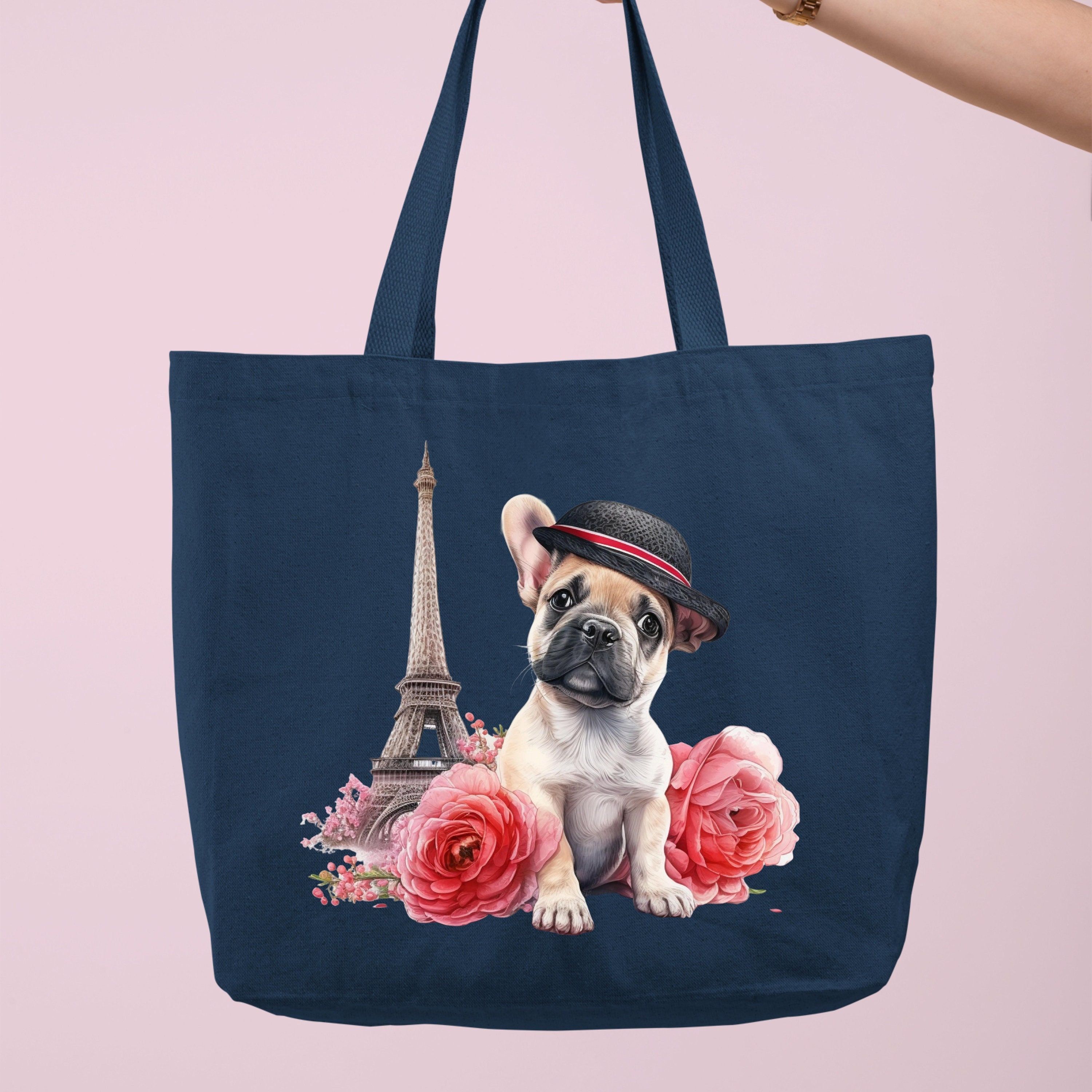 Cool French Bulldog In Paris With Flowers Tote Bag, Unique Gift for Paris Lovers, Eiffel Tower Tote Bag, Canvas Tote Bag, Women Shoulder Bag