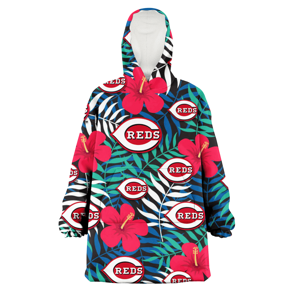Cincinnati Reds Red Hibiscus Green Blue White Leaf Black Background 3D Printed Hoodie Blanket Snug Hoodie