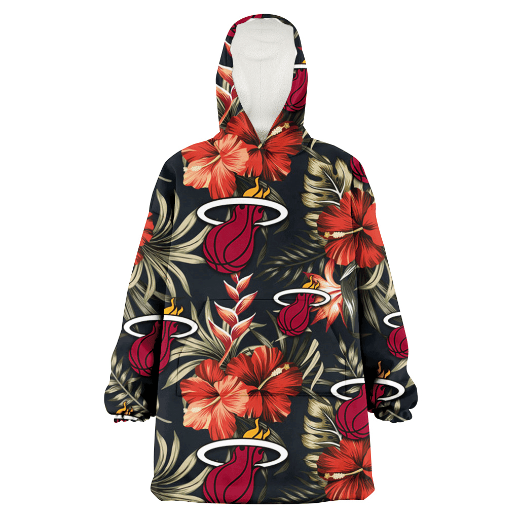 Miami Heat Red Hibiscus Green Leaf Dark Background 3D Printed Hoodie Blanket Snug Hoodie