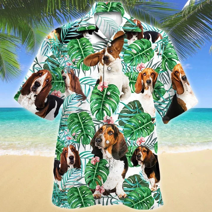 Basset Hound Dog Tropical Plant Leaves Pattern Hawaiian Shirt, Short Sleeve Hawaiian Aloha Shirt