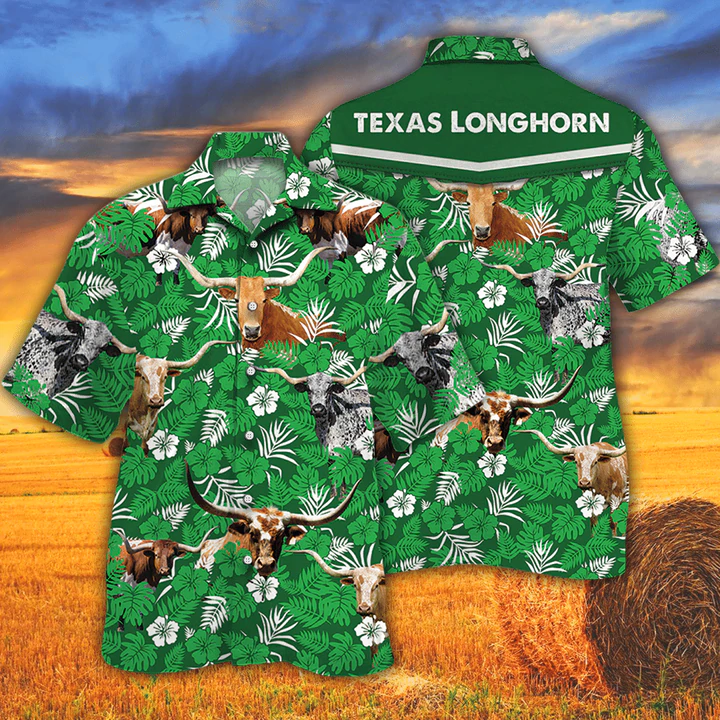 Tx Longhorn Cattle Lovers Green Floral Pattern Hawaiian Shirt, Cow Men’S Hawaiian Shirt – Vintage Farm Hawaiian Shirts