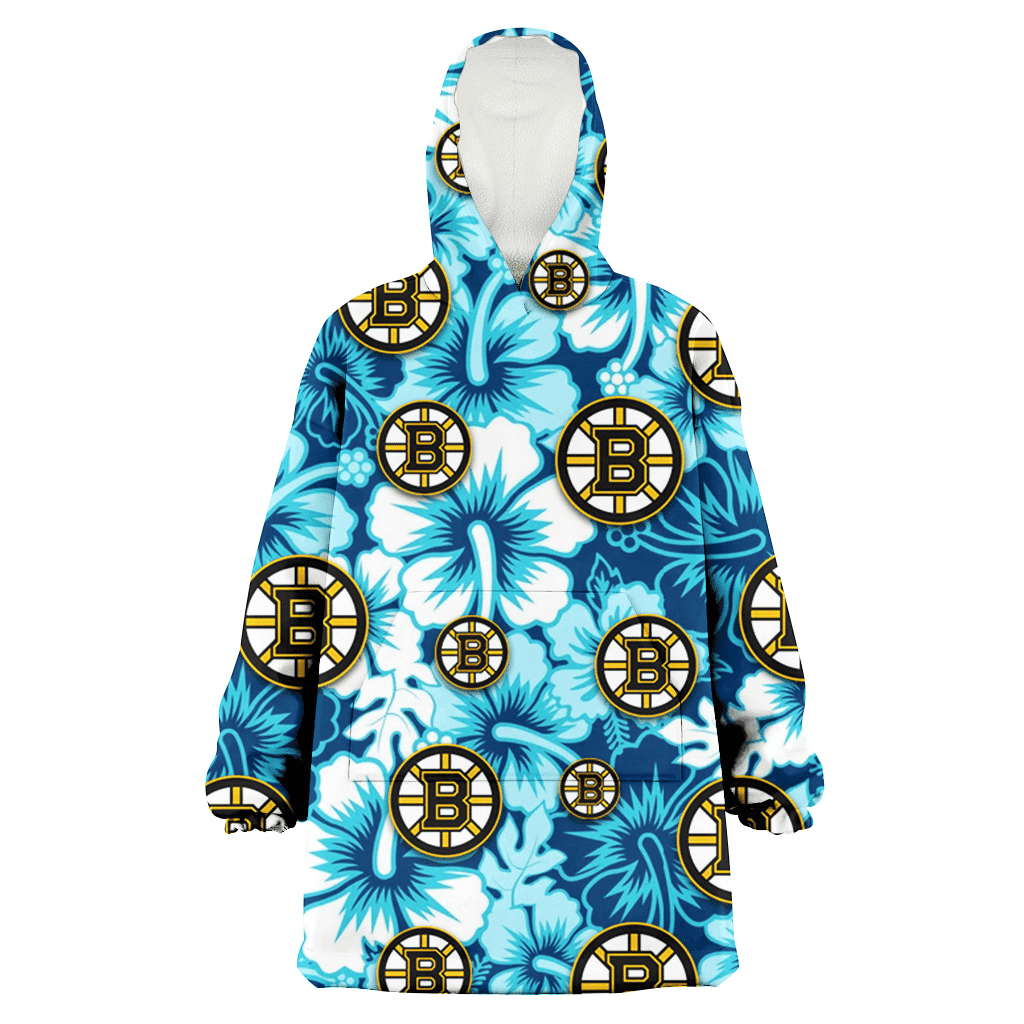 Boston Bruins White Blue Hibiscus Blue Background 3D Printed Hoodie Blanket Snug Hoodie