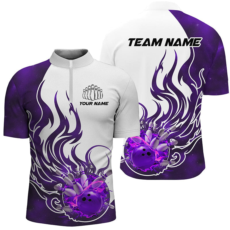 Custom Purple Flame Bowling Shirts For Men, Galaxy Bowling Team Shirts Bowling Uniform IPHW7086