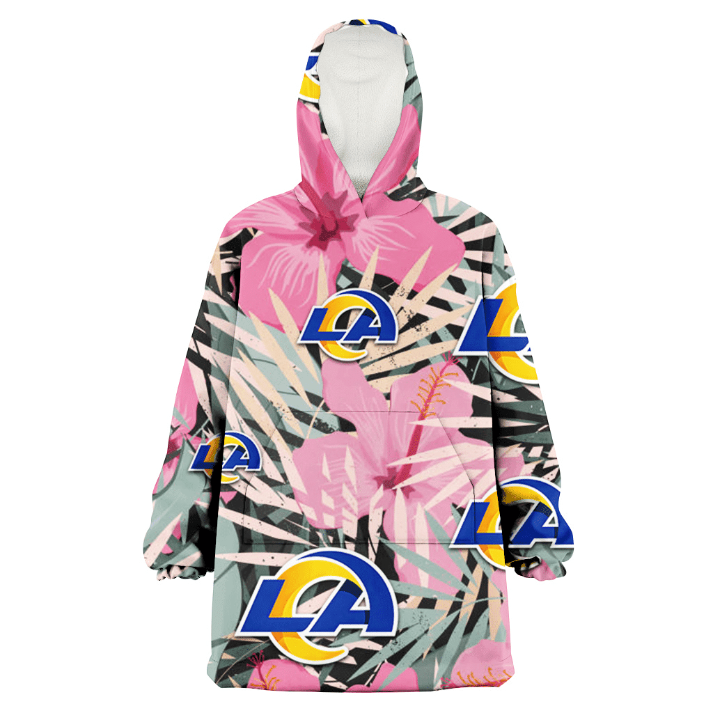 Los Angeles Rams Light Pink Hibiscus Pale Green Leaf Black Background 3D Printed Hoodie Blanket Snug Hoodie