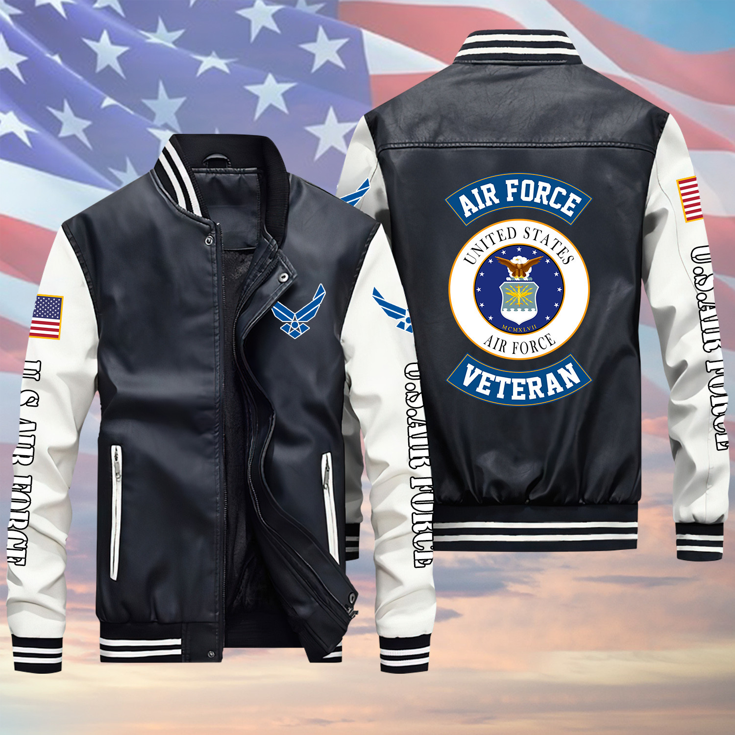 US Air Force Veteran Proud Black Winter Gear Leather Bomber Leterman Varsity Jacket